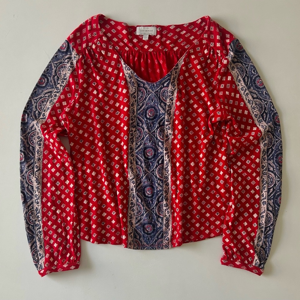 Lucky Brand Red Blue Paisley Boho Peasant Blouse Long Sleeve Fall/Winter S
